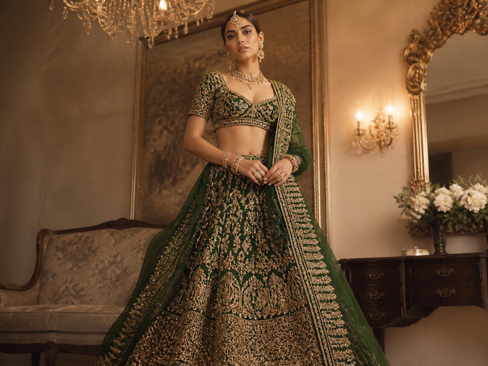 Model in emerald and gold bridal lehenga